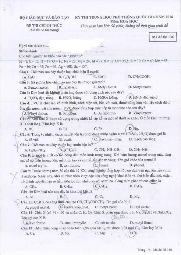 Đề thi môn Hóa học THPT Quốc gia năm 2016