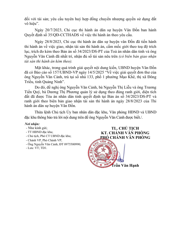 Vân Đồn: Nên xử lý dứt điểm vụ tranh chấp đất đai kéo dài trên 10 năm giữa ông Nguyễn Văn Cảnh và ông Trương Tiến Quý