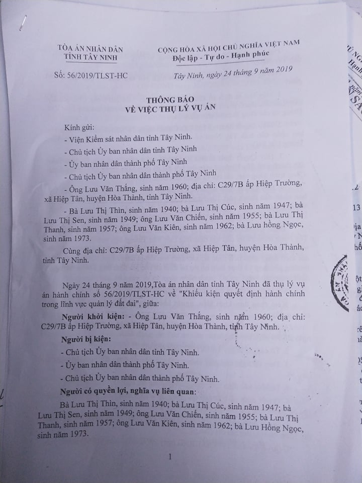 Thông báo thụ lý vụ án của Toàn án Nhân dân tỉnh Tây Ninh
