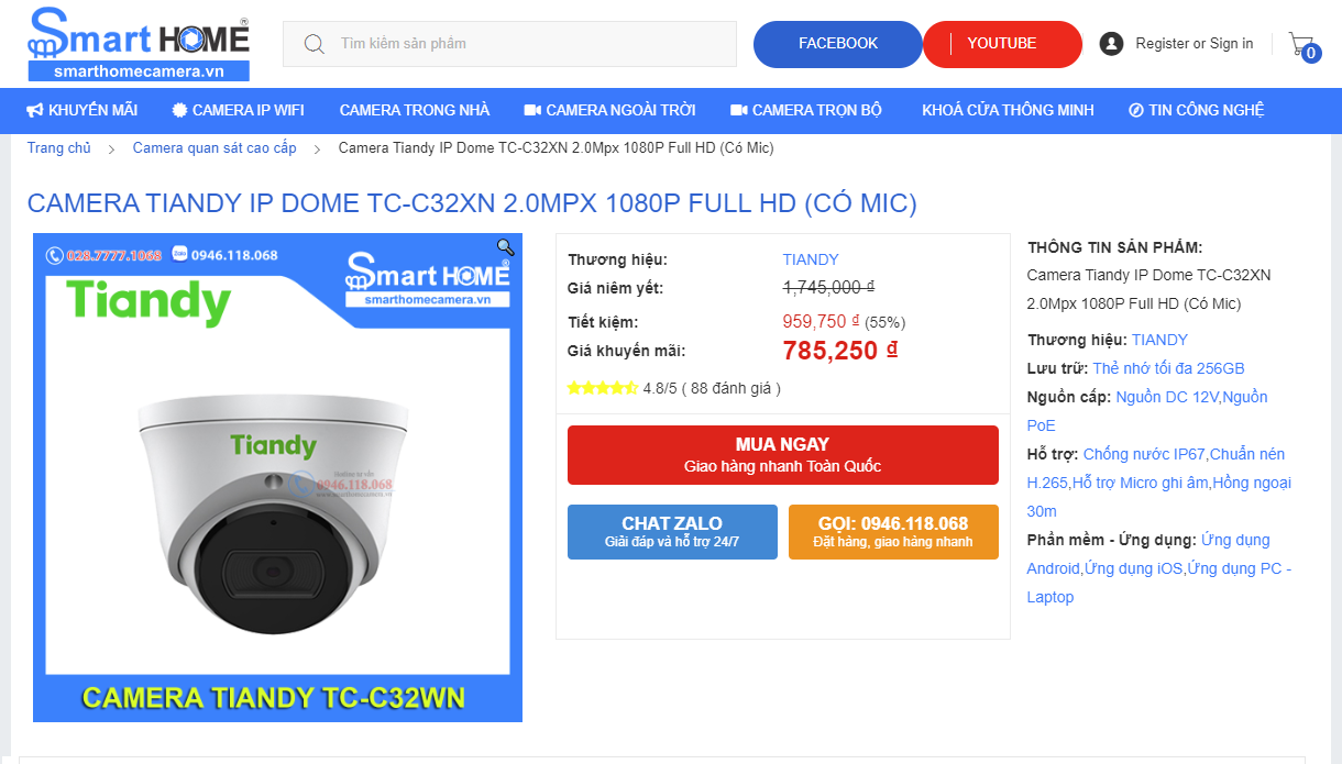 Camera có mã TC-C32XN Hãng sx: Tiandy