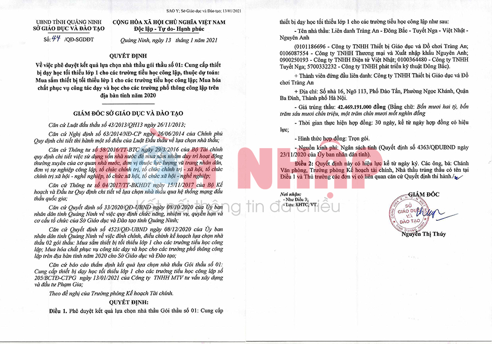 Quyết định số 44/QĐ-SGDĐT ngày 13/1/2021 của sở Giáo dục và Đào tạo Quảng Ninh.